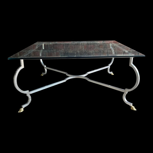 Mid 20th Century Square Chrome and Brass Hoof Base Coffee Table with Glass Top