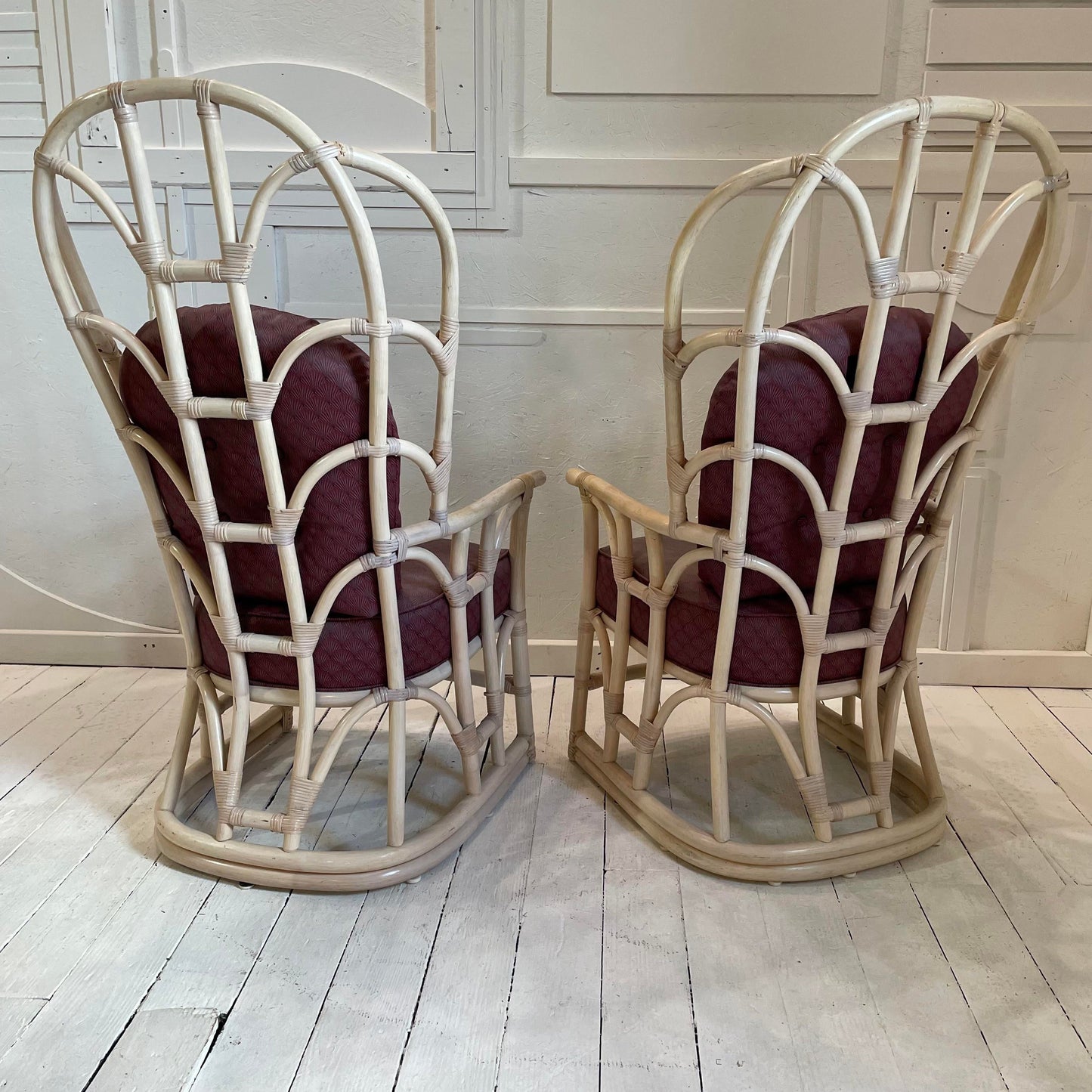 1970s Vintage Tall Back Bamboo Wing Chairs - a Pair