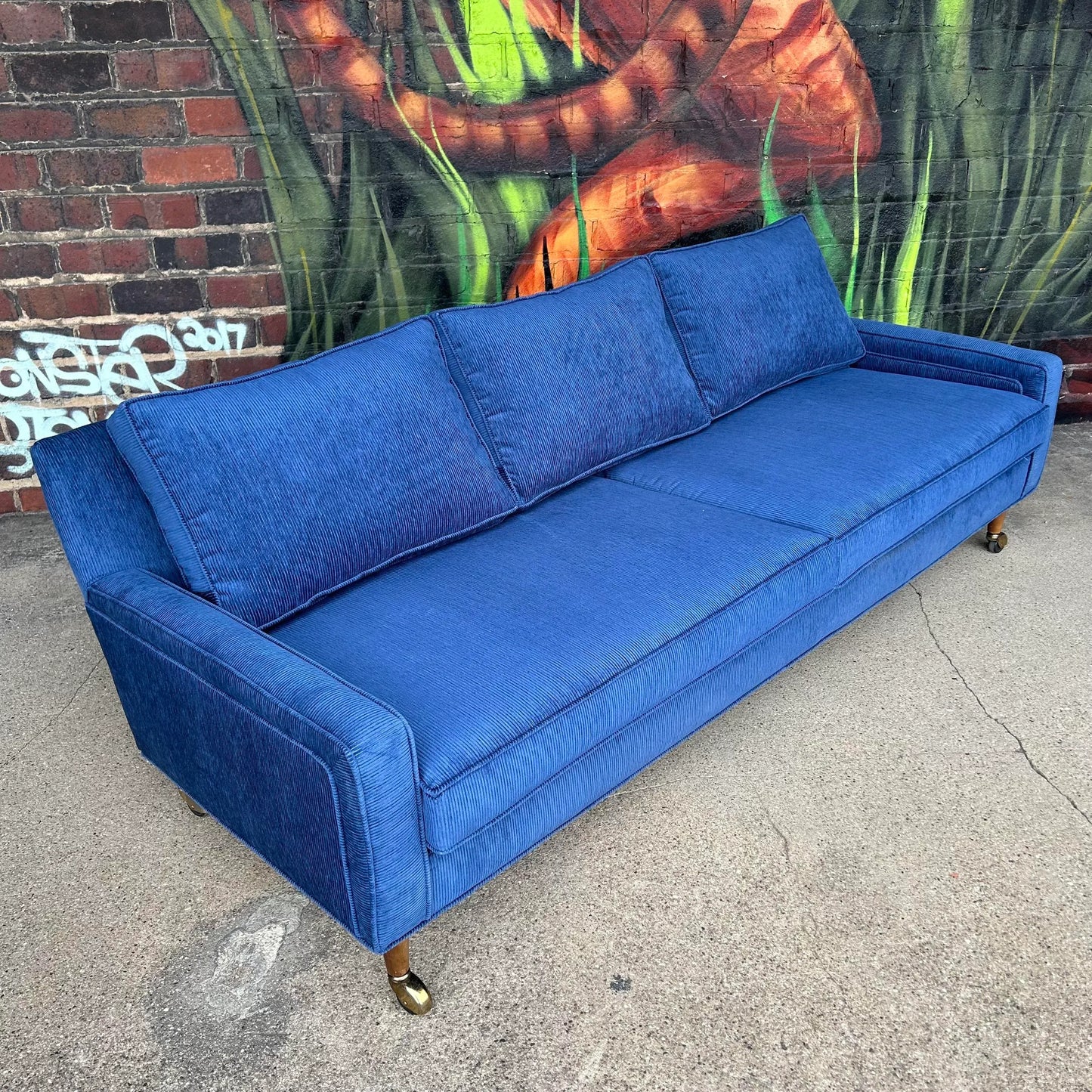 Mid Century Modern Sofa Reupholstered Blue Corduroy on Casters Possibly Selig