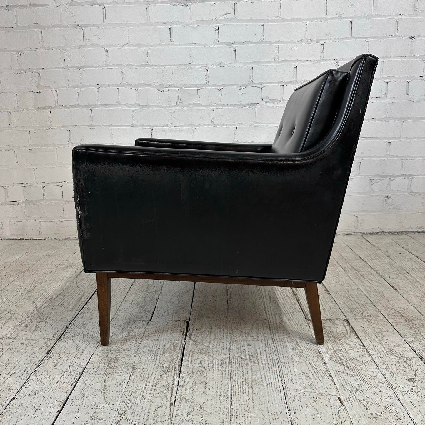 Mid Century Modern Black Vinyl Lounge Chair With Walnut Base Milo Baughman Style