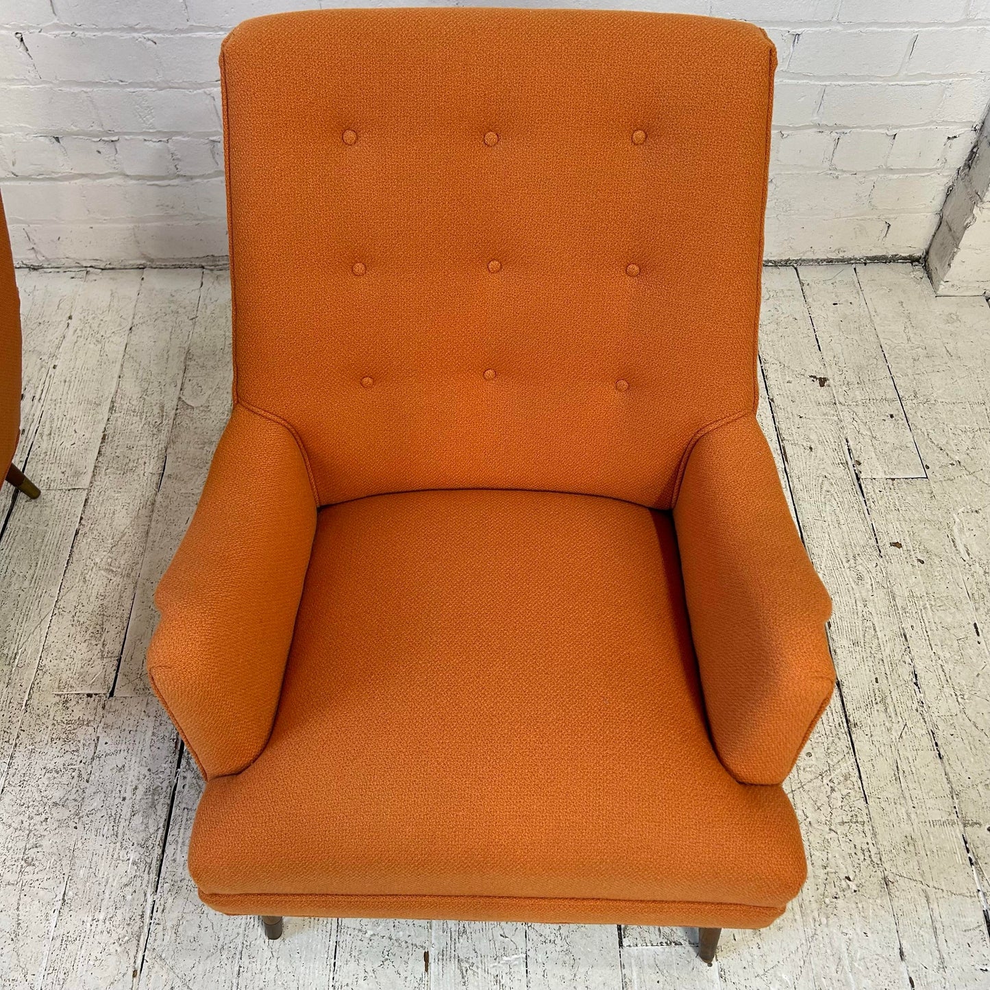 Reupholstered Pair of Orange Mid Century Modern Lounge Chairs