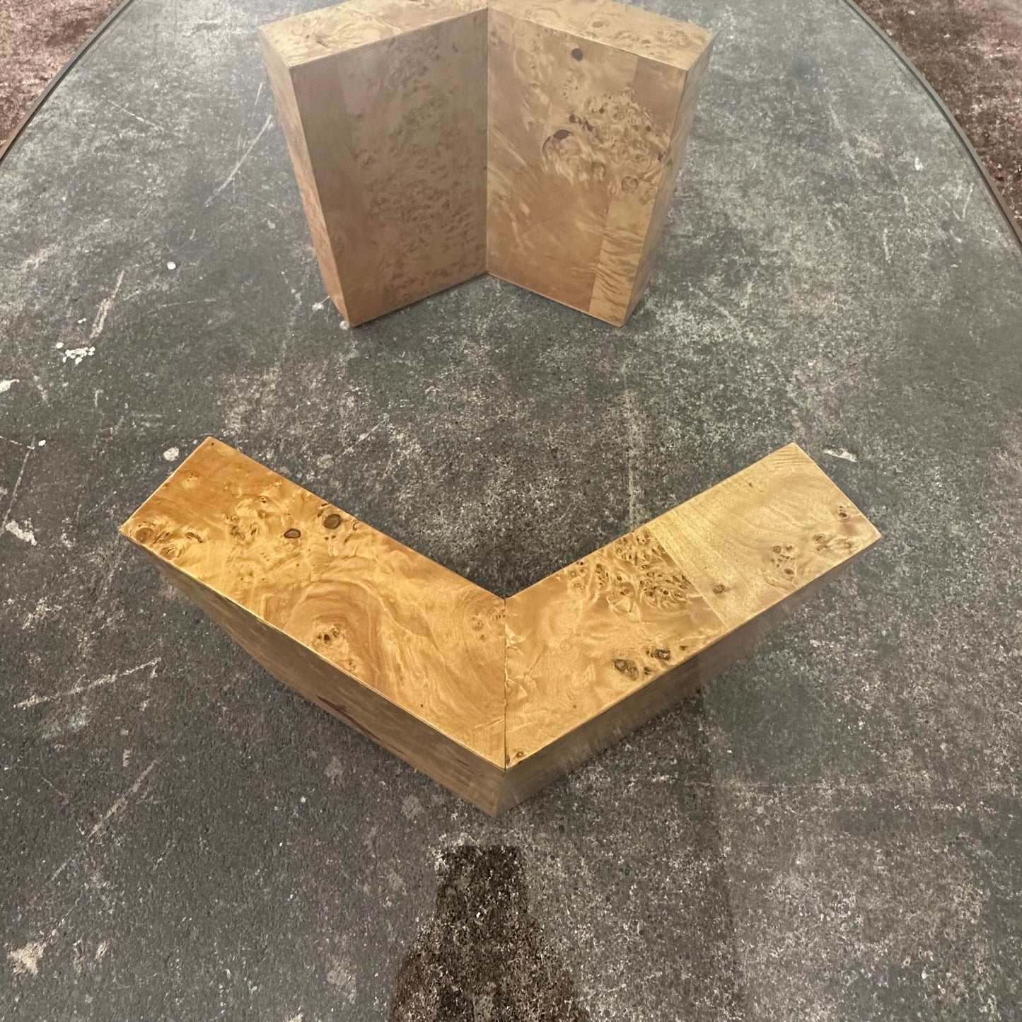Baughman Style Burl Wood and Glass Oval Coffee Table