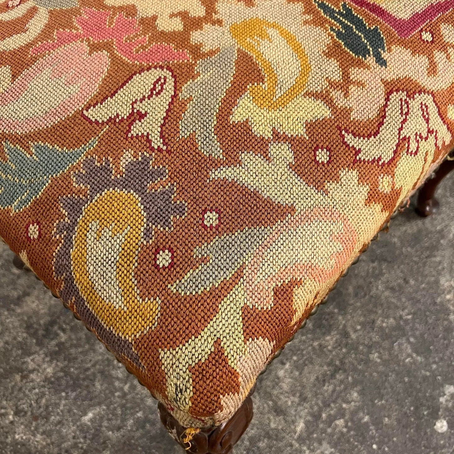 Antique French Style Carved Wood & Needlepoint Tapestry Bench