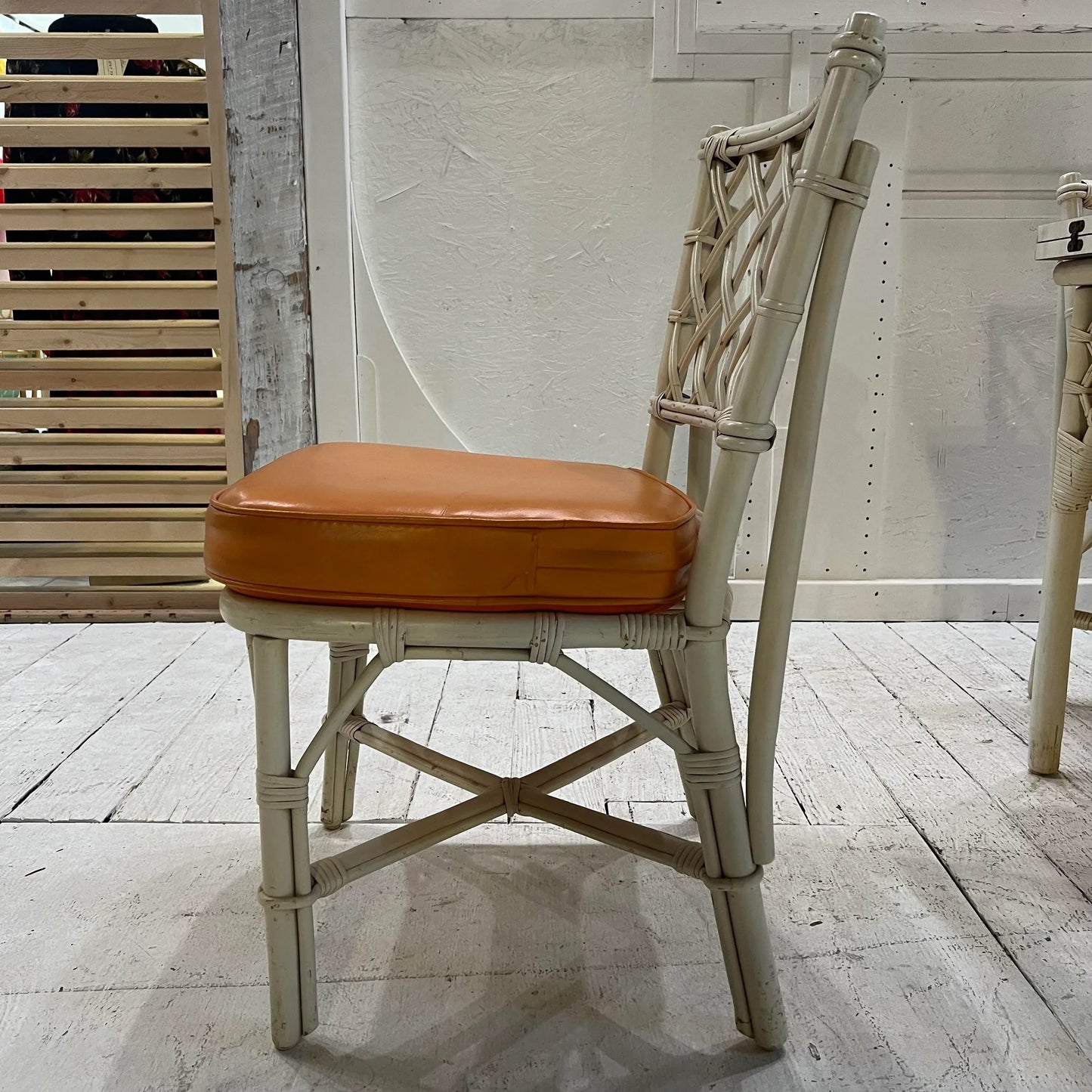 1980s White Rattan Bamboo Table and Chair Set with Flip Top to Expand From Game Size to Dining Table - Set of 5