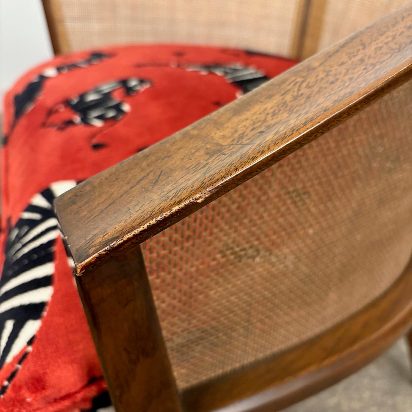 Pair of Mid-Century Caned Back Barrel Club Chairs Attributed to Directional Zebra