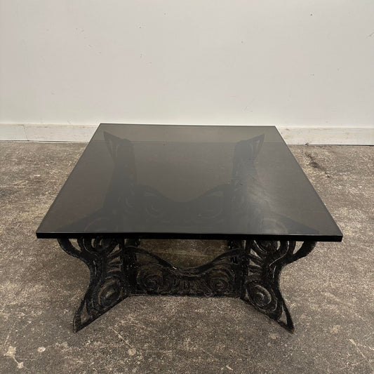 Brutalist Whimsical Torch Cut Side Table Smoked Glass Sculpted Metal