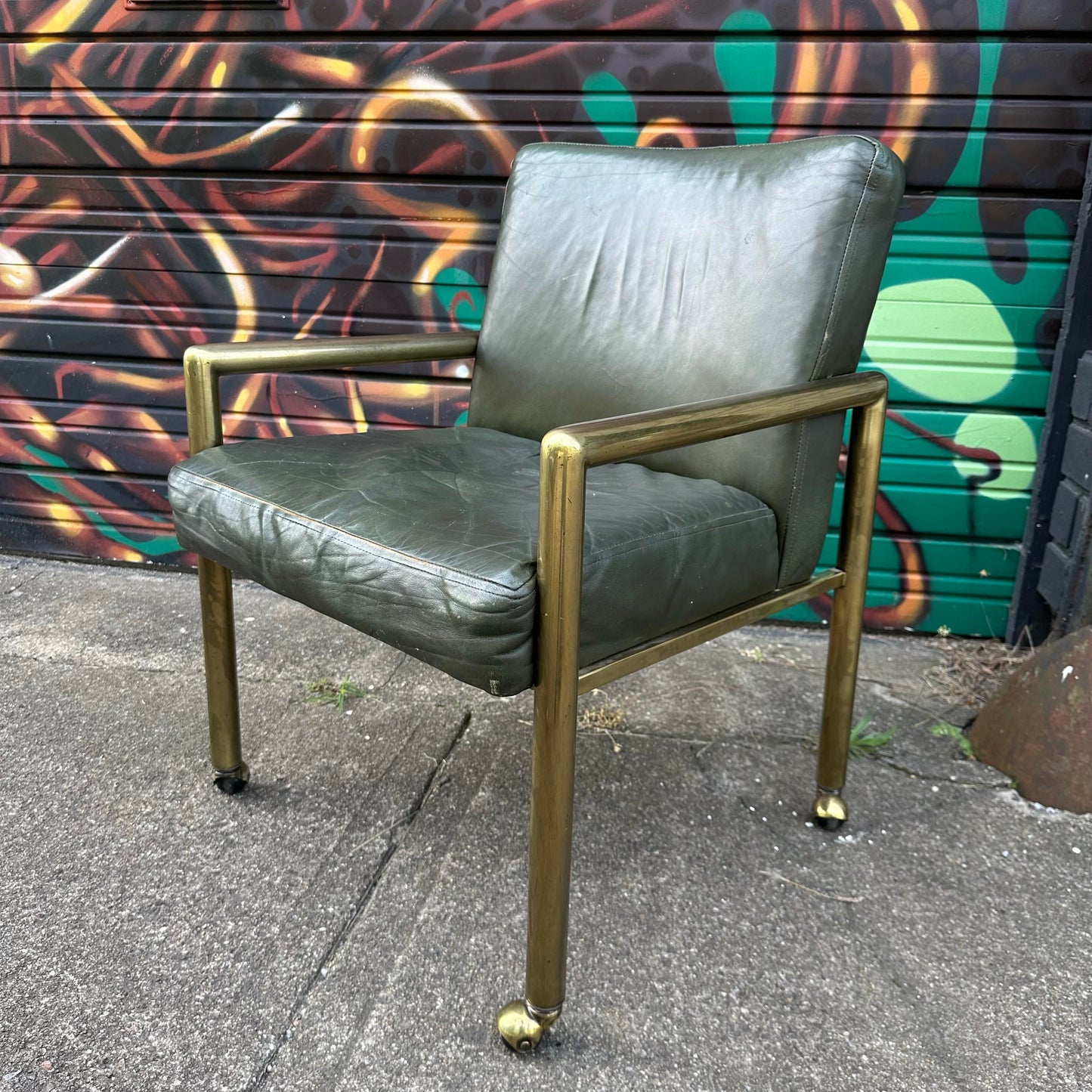 Set of 4 Tubular Brass and Leather Chairs on Wheels