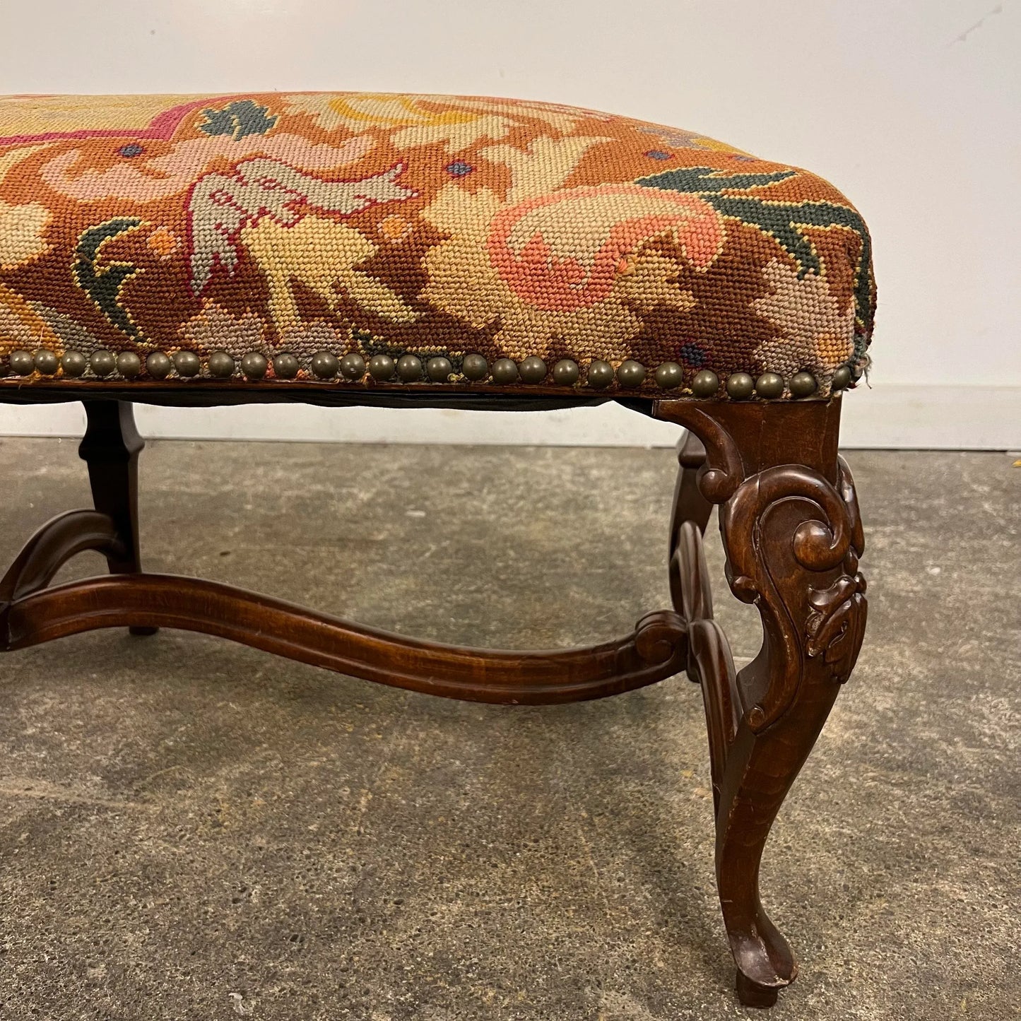 Antique French Style Carved Wood & Needlepoint Tapestry Bench