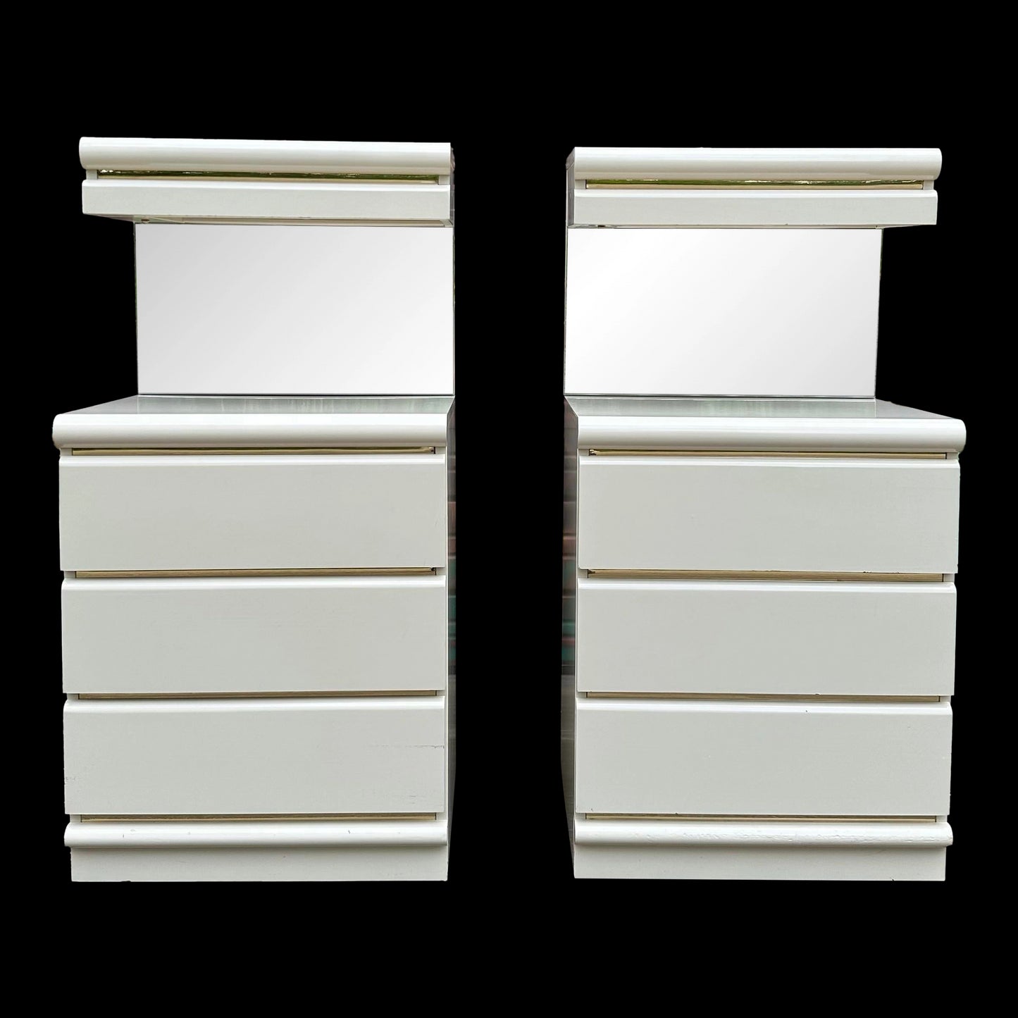 Pair of Broyhill Postmodern Lacquer Cream & Gold Nightstands
