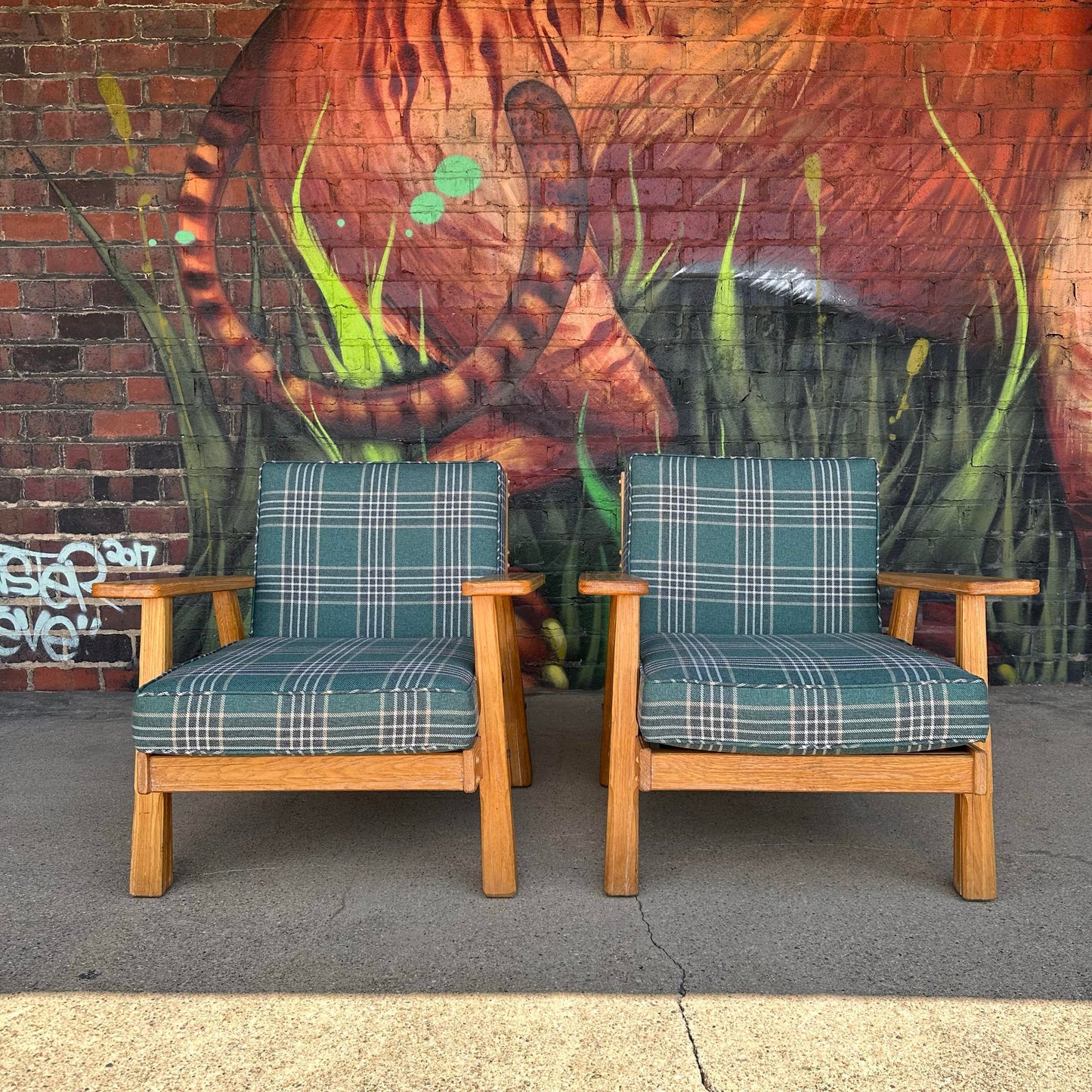 Pair of Ranch Oak Lounge Chairs Reupholstered in Plaid From Pindler