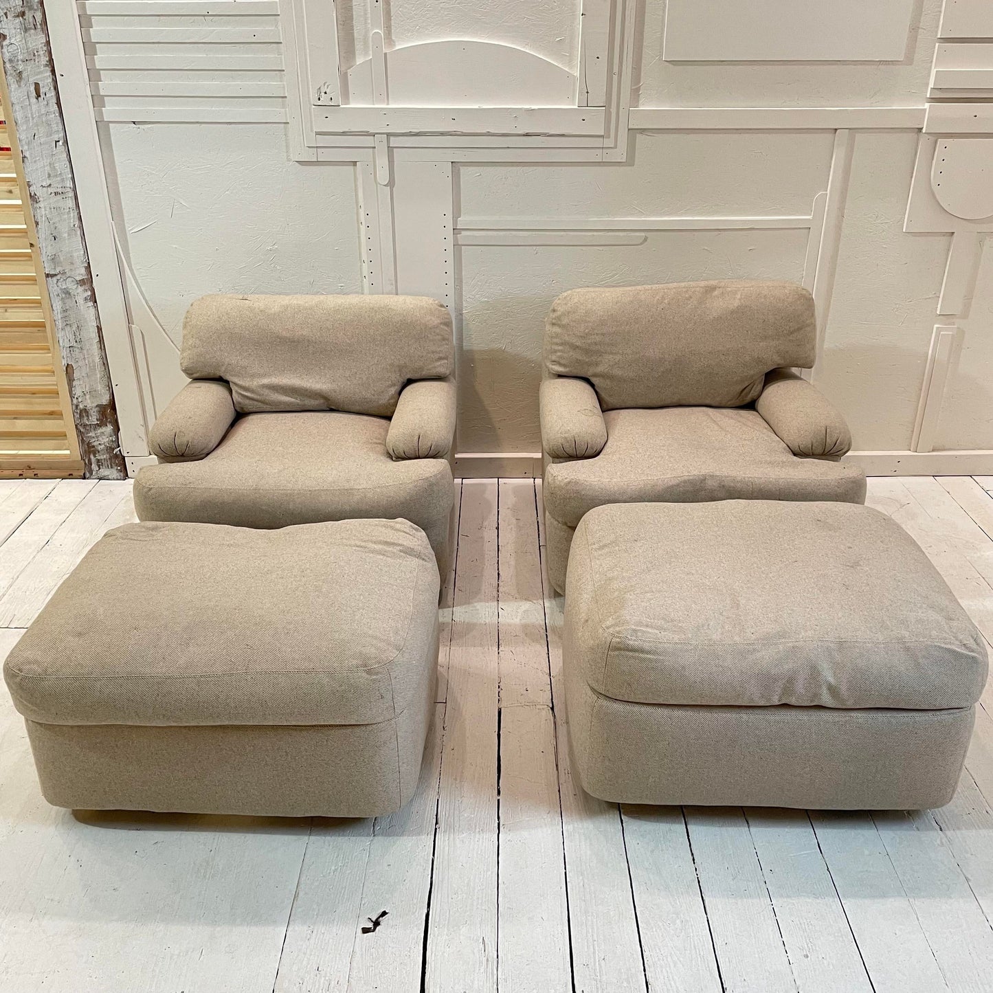 1980s Vintage Directional Club Chairs Down Filled With Ottomans - 4 Pieces