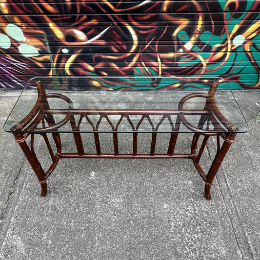 1970s Bamboo Rattan and Glass Console Table