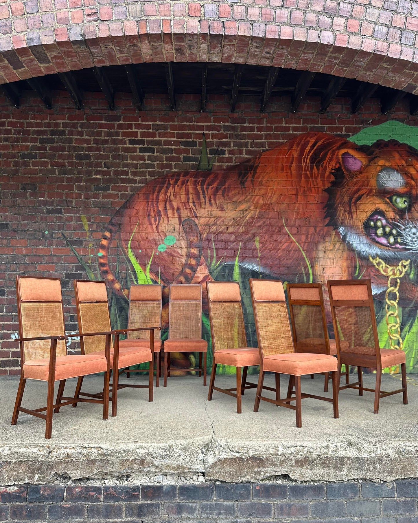 Mid 20th Century Set of 8 Cane High Back Dining Chairs