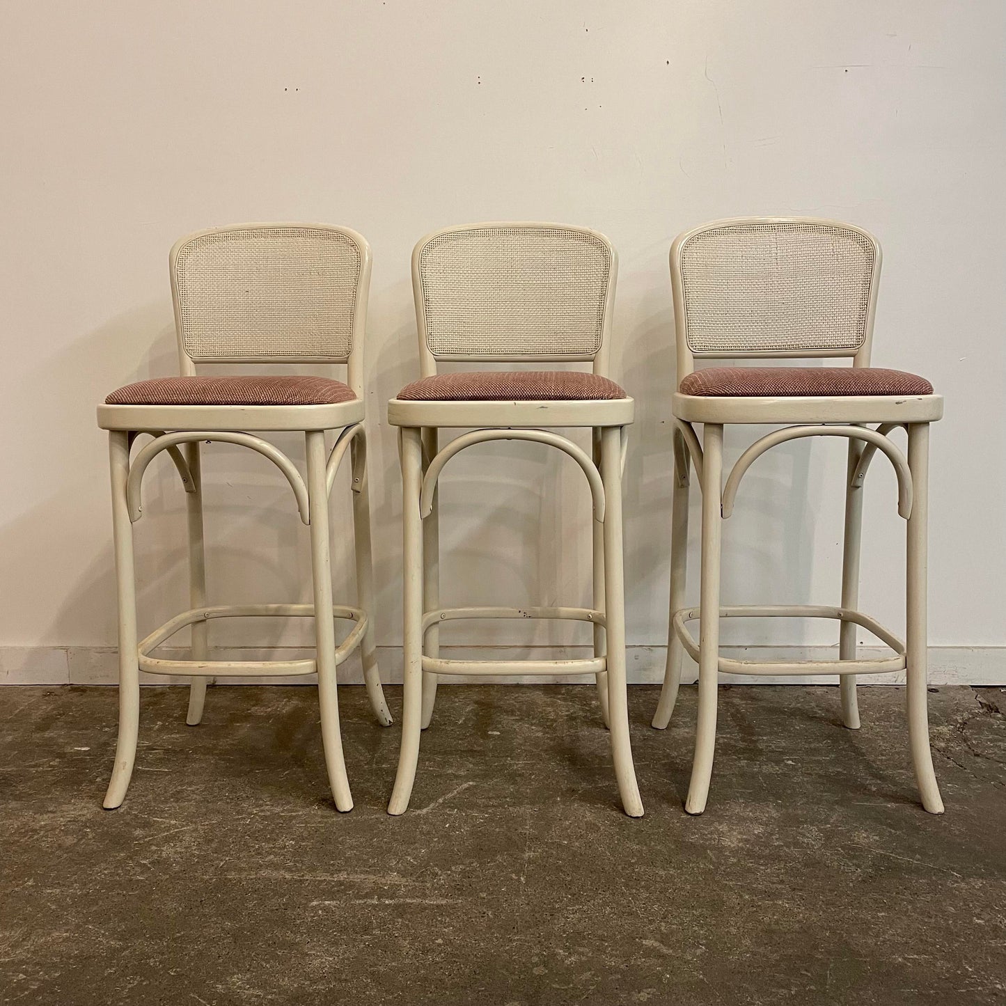 Mid Century Modern Bar Stools with Caned Back - Set of 3