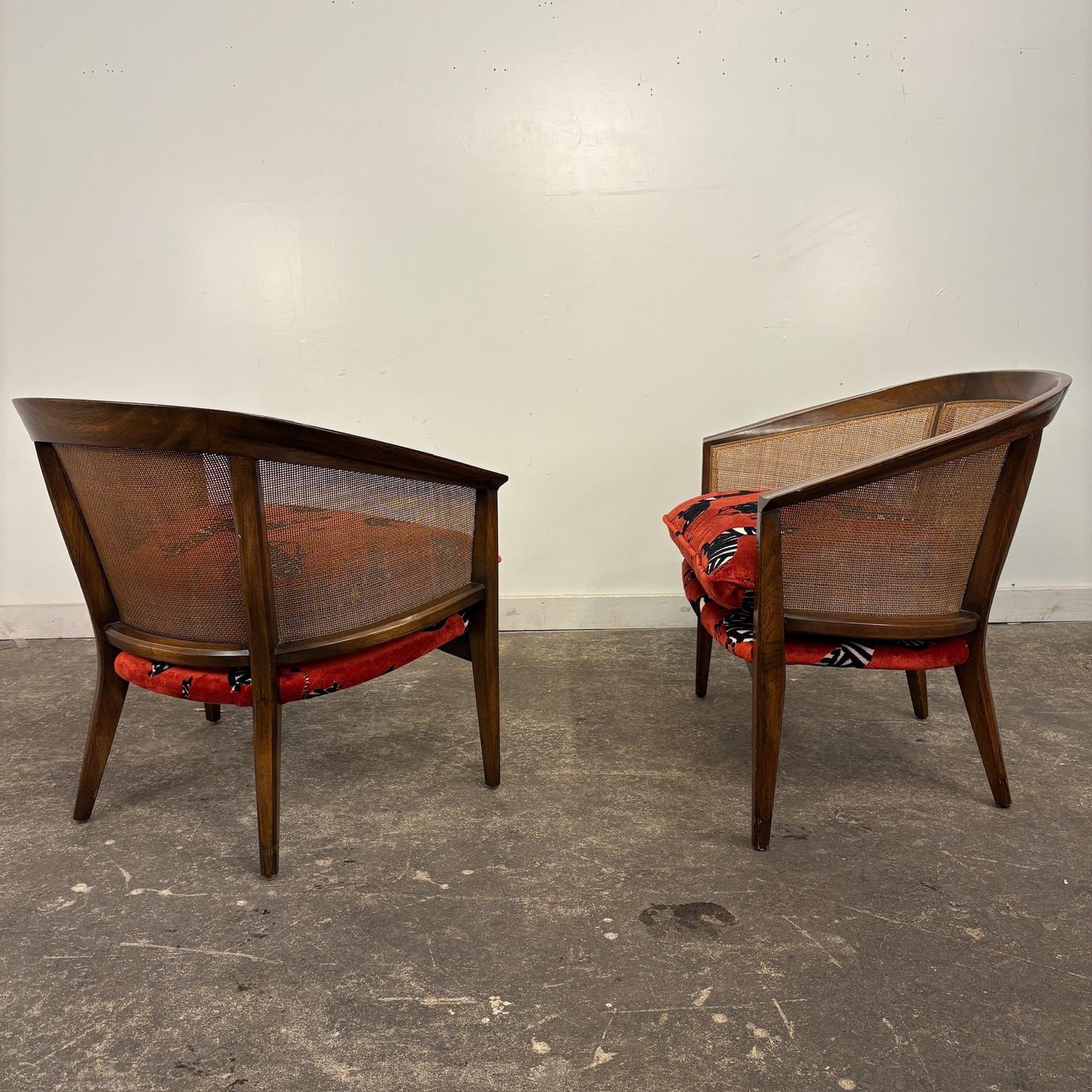 Pair of Mid-Century Caned Back Barrel Club Chairs Attributed to Directional Zebra
