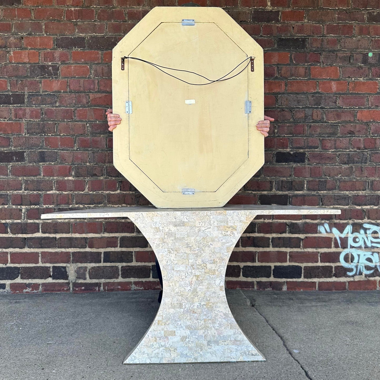 Post-Modern Travertine Vanity and Mirror Set Console Table Maitland Smith