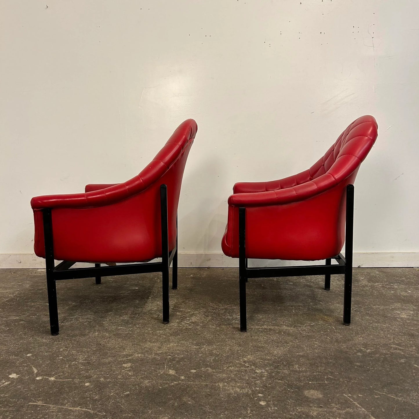 Red Vinyl Tufted Lounge Chairs Styled After Milo Baughman by Frank and Son