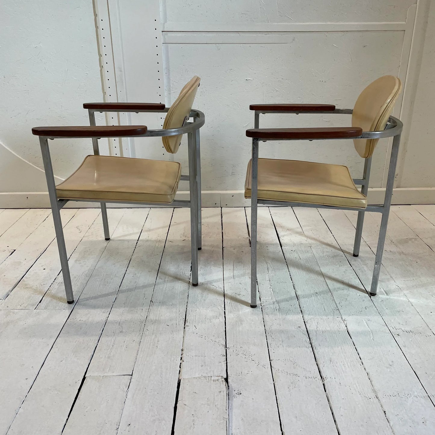 Mid 20th Century Metal Frame Chairs With Wood Arms - a Pair