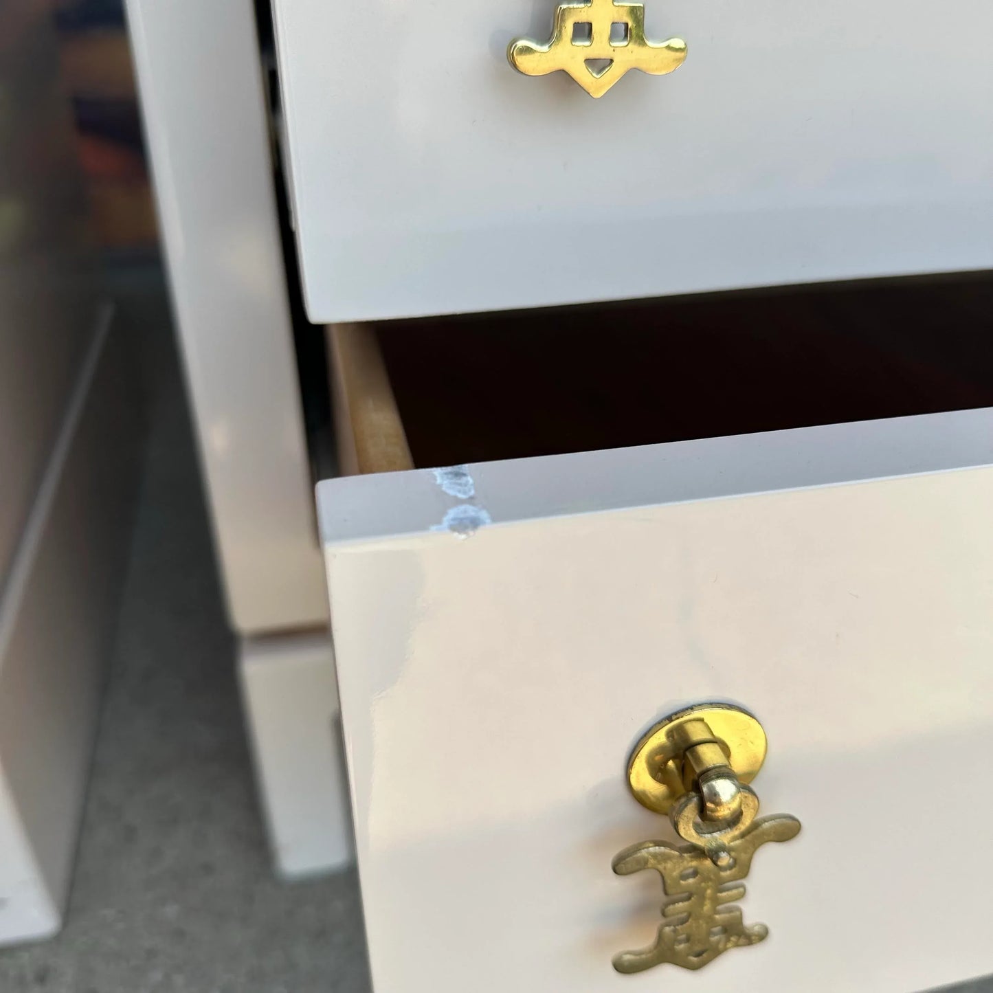 Pair of Light Pink Lacquered Nightstands Brass Hardware Western Furniture Company