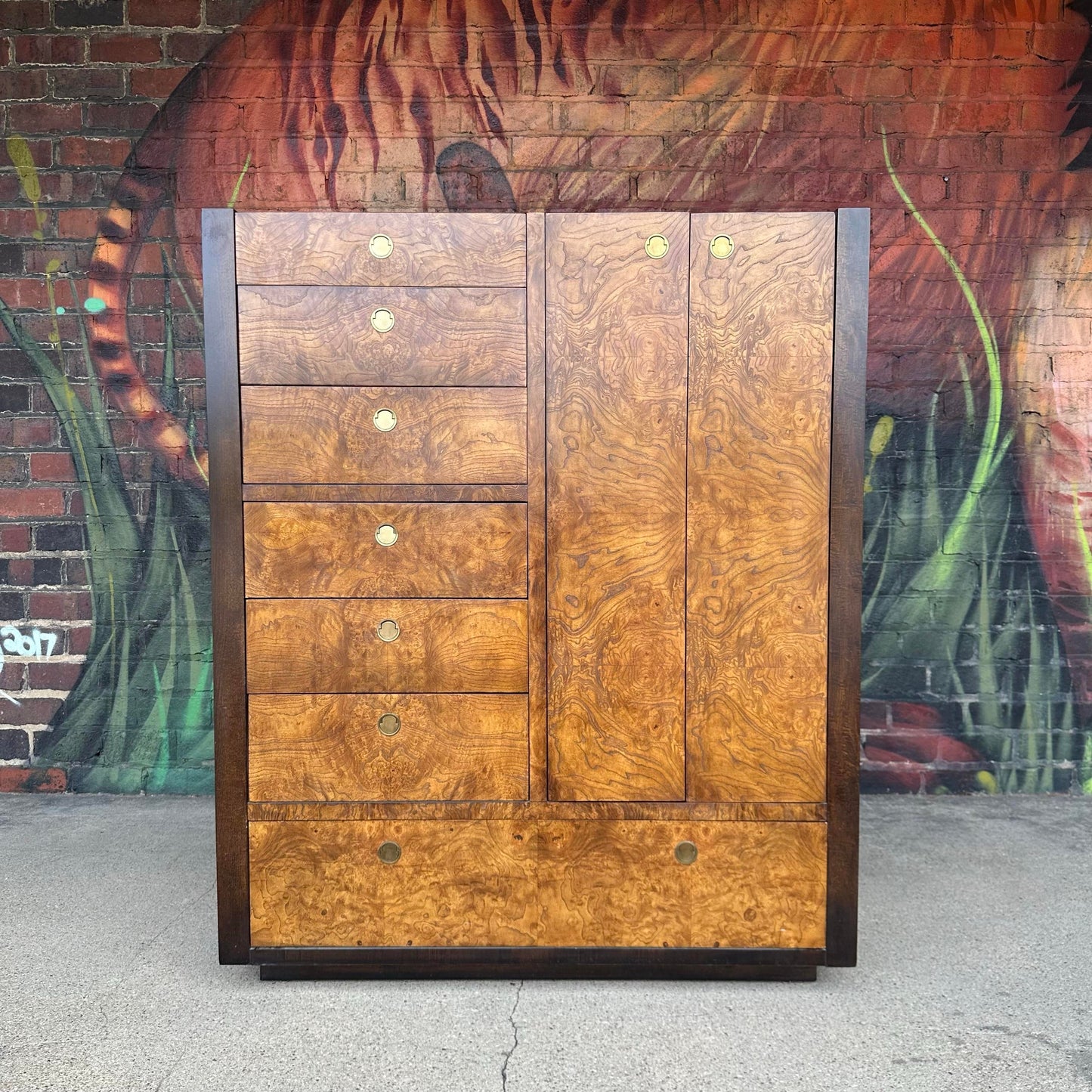 Century Furniture Burlwood and Brass Armoire Highboy Wardrobe Mid Century Modern