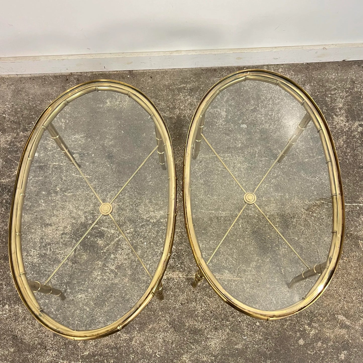 Pair of Faux Bamboo Brass Glass Oval Mastercraft End Tables