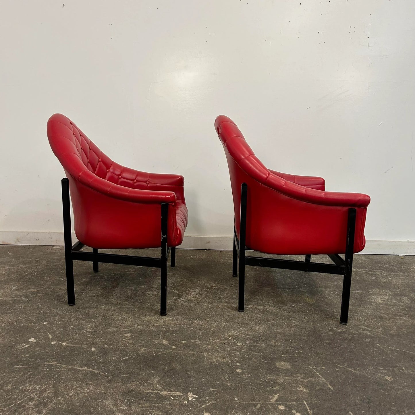 Red Vinyl Tufted Lounge Chairs Styled After Milo Baughman by Frank and Son
