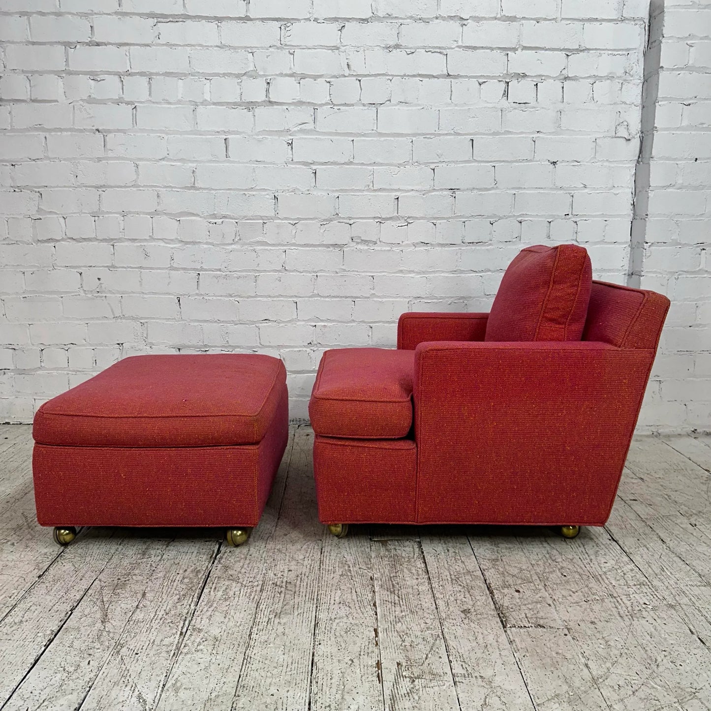 Pair of Red Edward Wormley for Dunbar Lounge Chairs With Ottoman