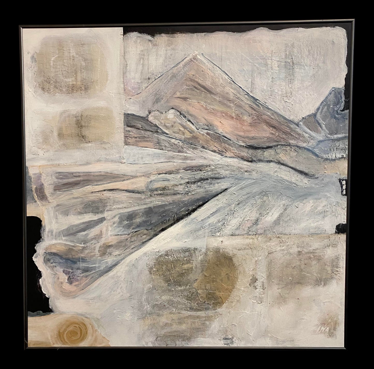 Late 20th Century Postmodern Mountain Landscape Mixed-Media Painting by Ina Takashima, Framed