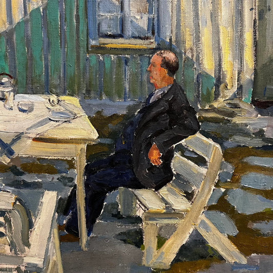 Mid Century Courtyard Oil Painting Husband and Wife