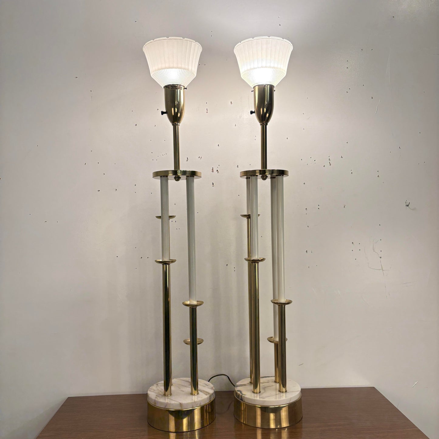 Pair of Colonial Premier Tall Brass and Marble Candelabra Style Table Lamps in the Style Tommi Parzinger