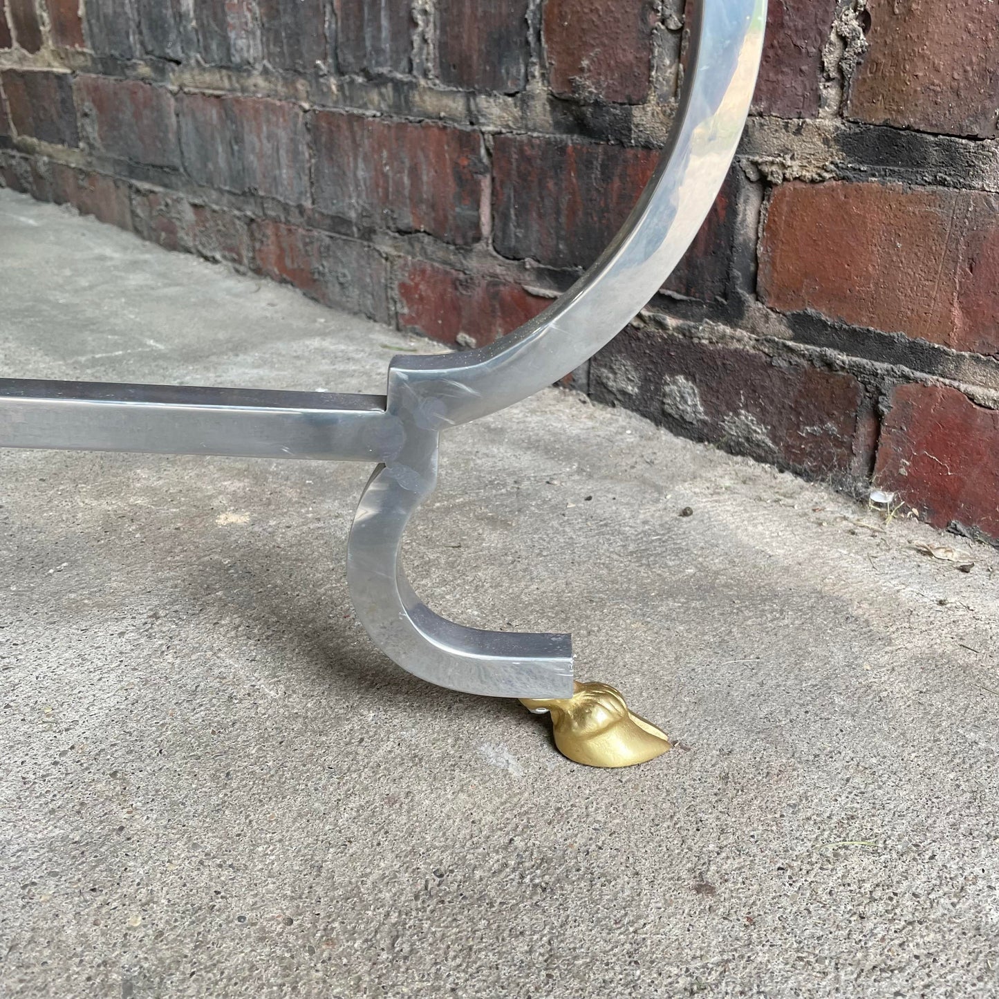 Mid 20th Century Square Chrome and Brass Hoof Base Coffee Table with Glass Top