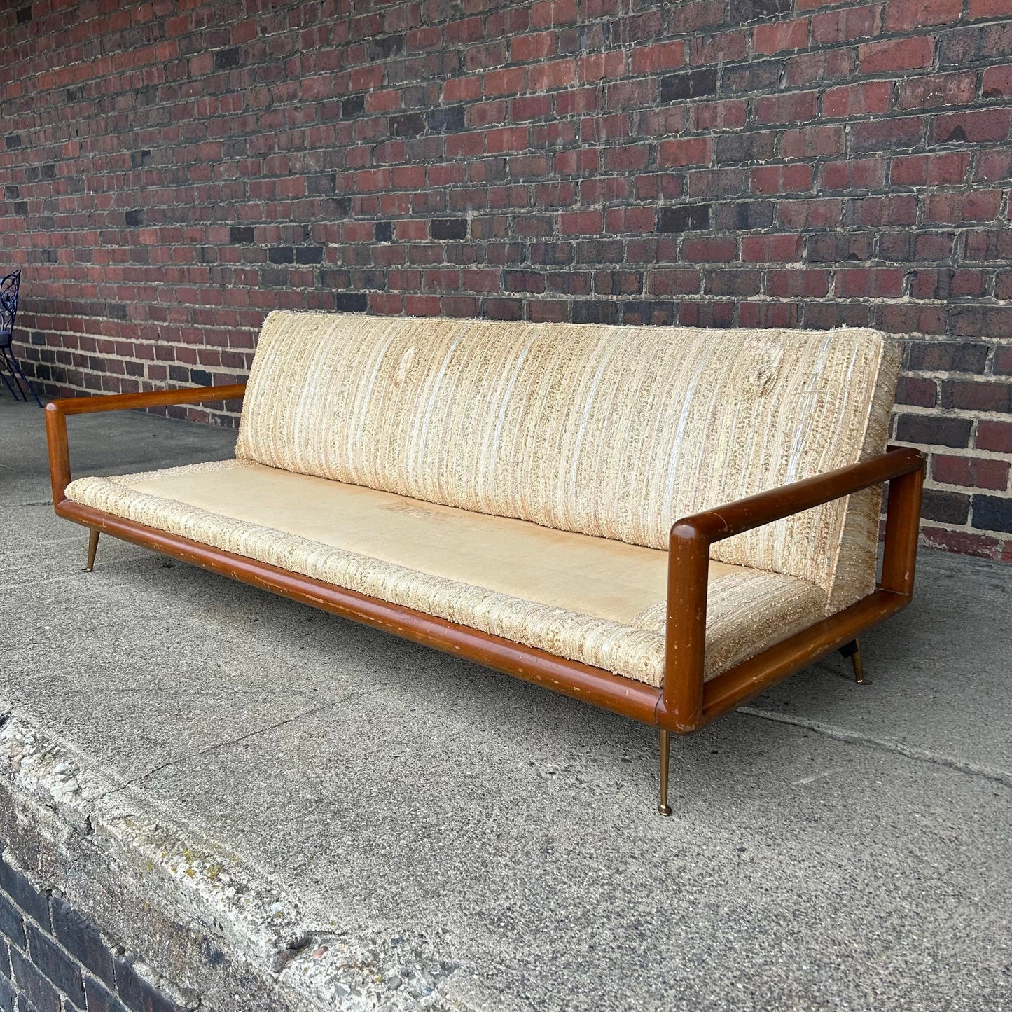T. H. Robsjohn Gibbings Style Walnut Framed Sofa With Brass Legs