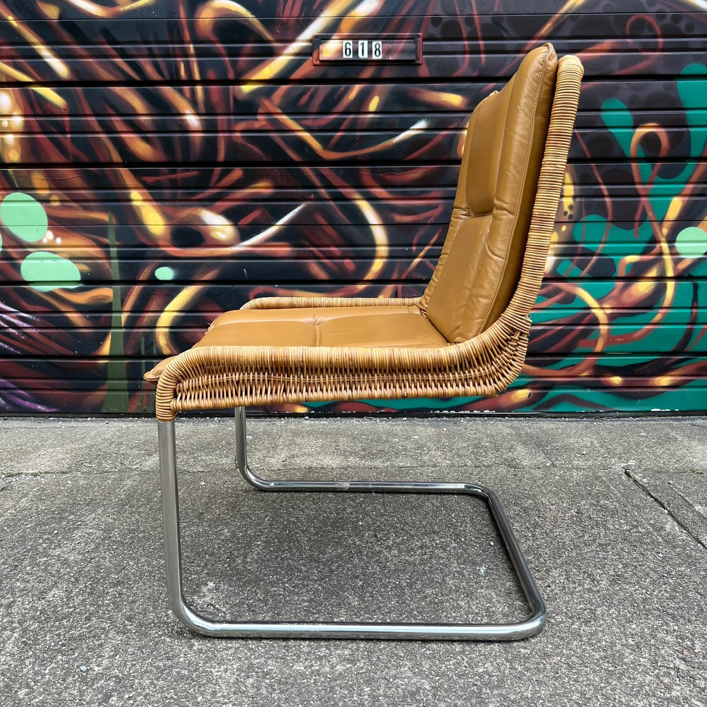 Leather and Rattan Chrome Cantaliver Side Chair Office