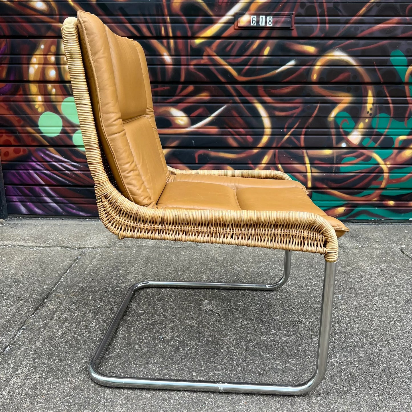 Leather and Rattan Chrome Cantaliver Side Chair Office