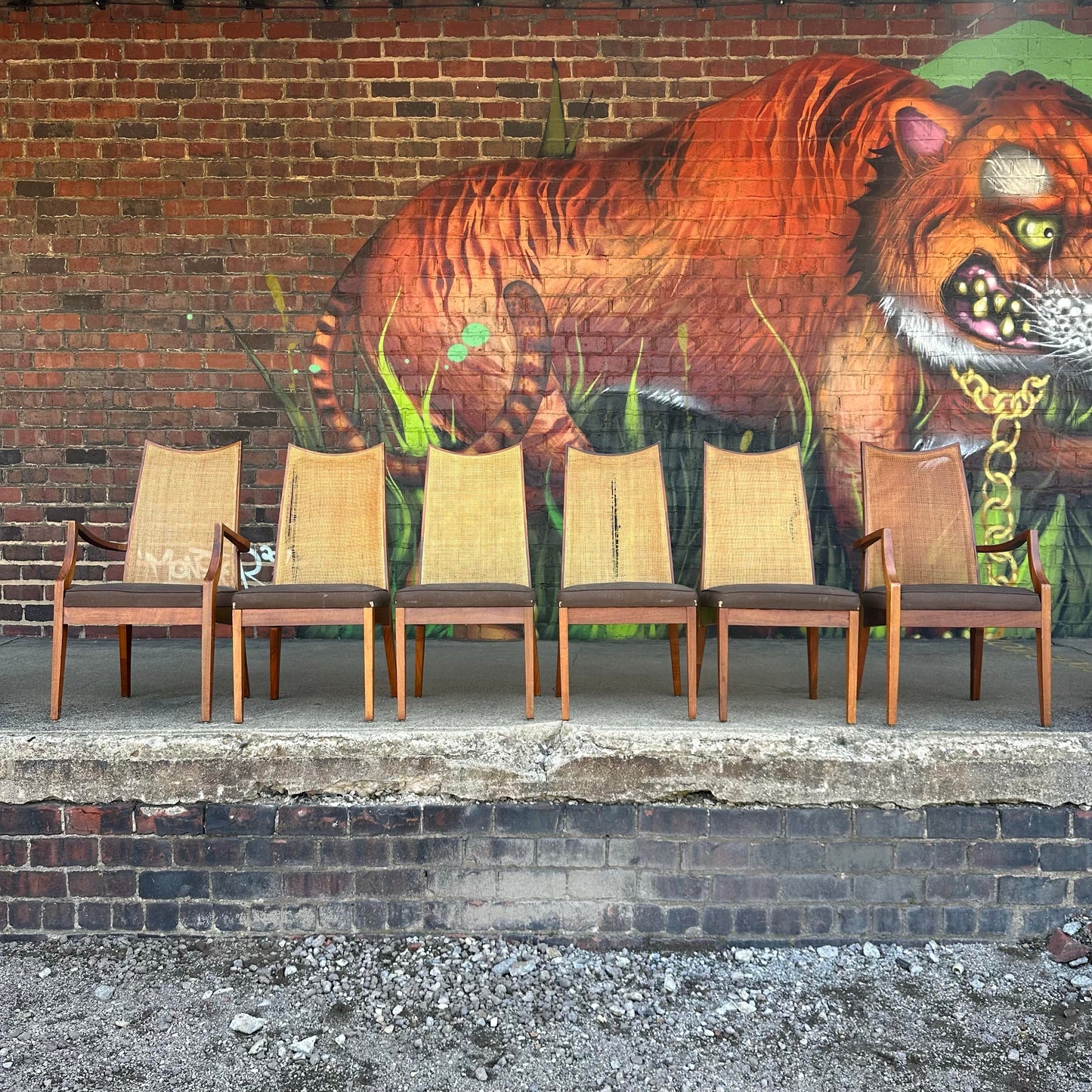 Set of Six John Stuart Walnut and Caned Dining Chairs