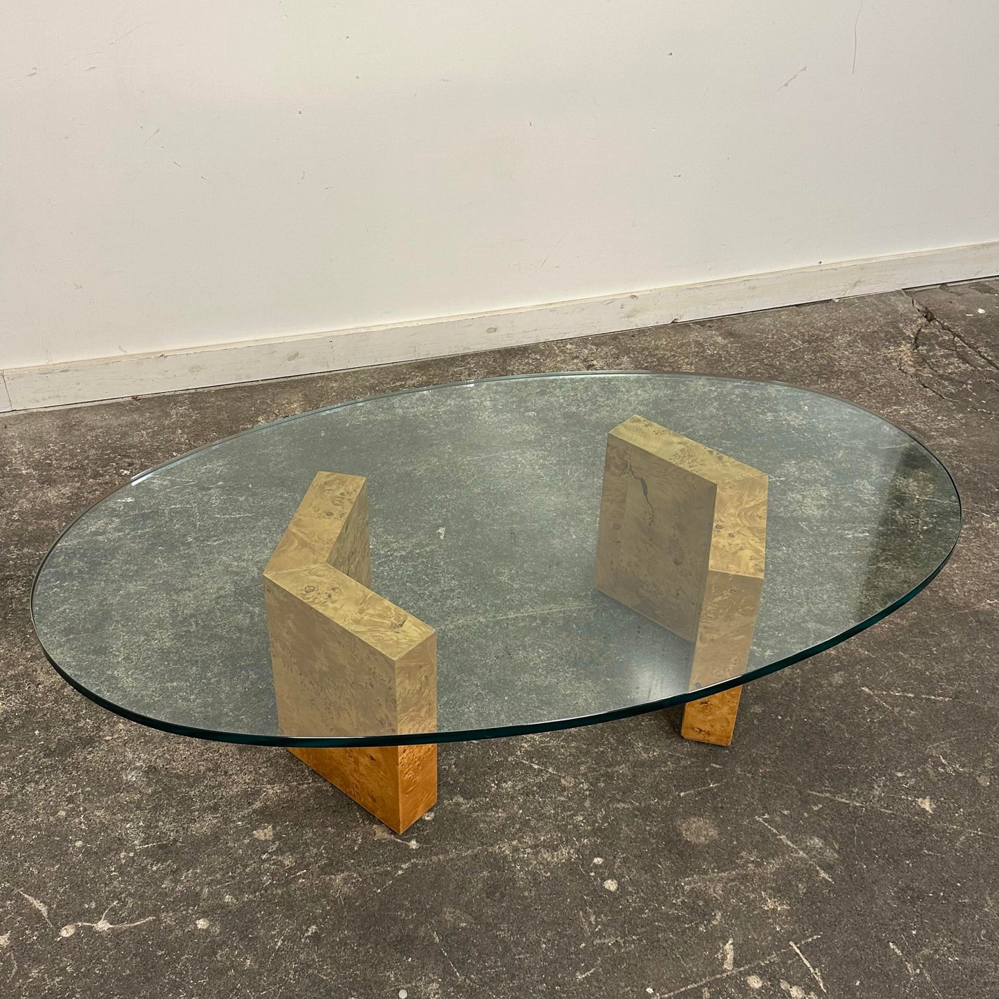 Baughman Style Burl Wood and Glass Oval Coffee Table