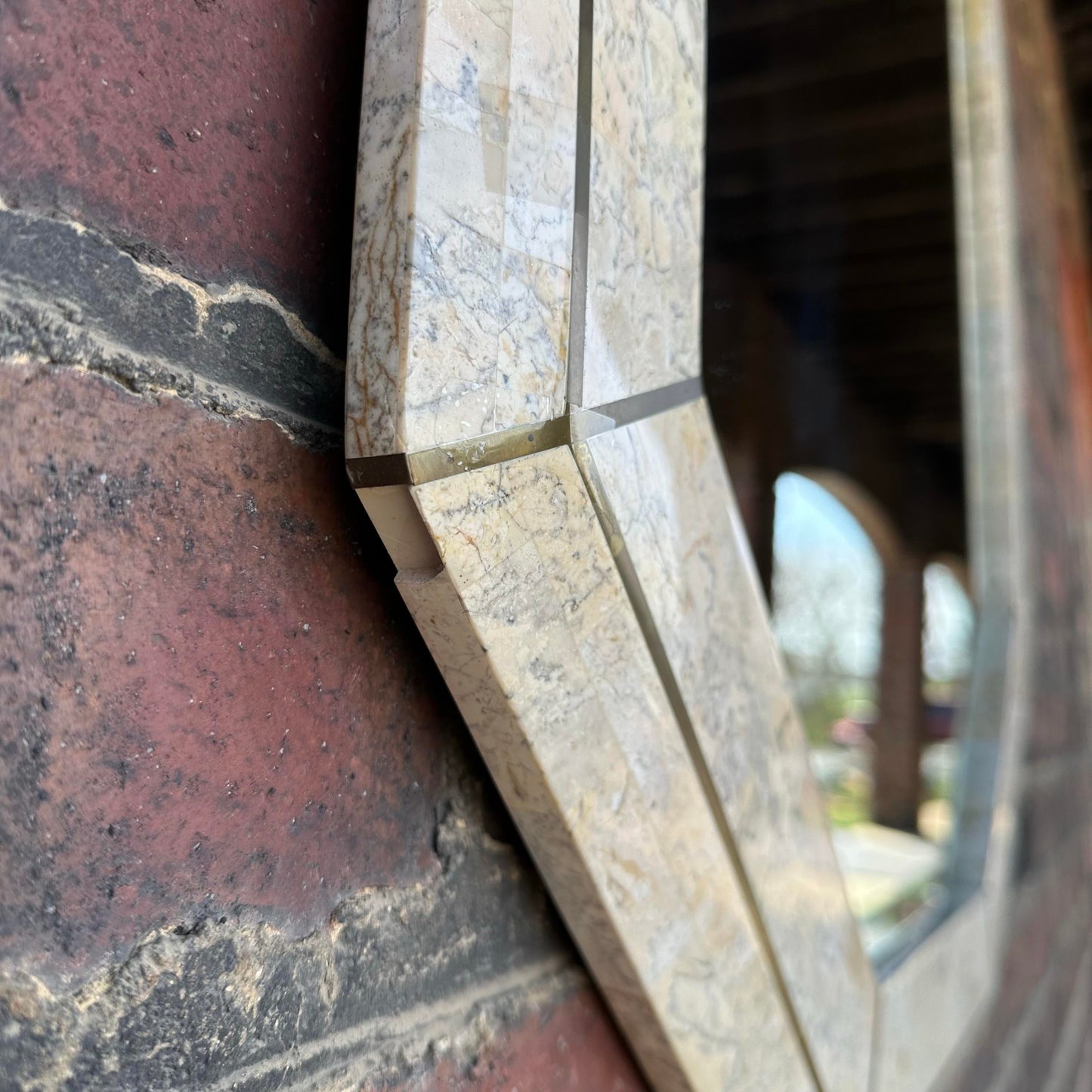 Post-Modern Travertine Vanity and Mirror Set Console Table Maitland Smith