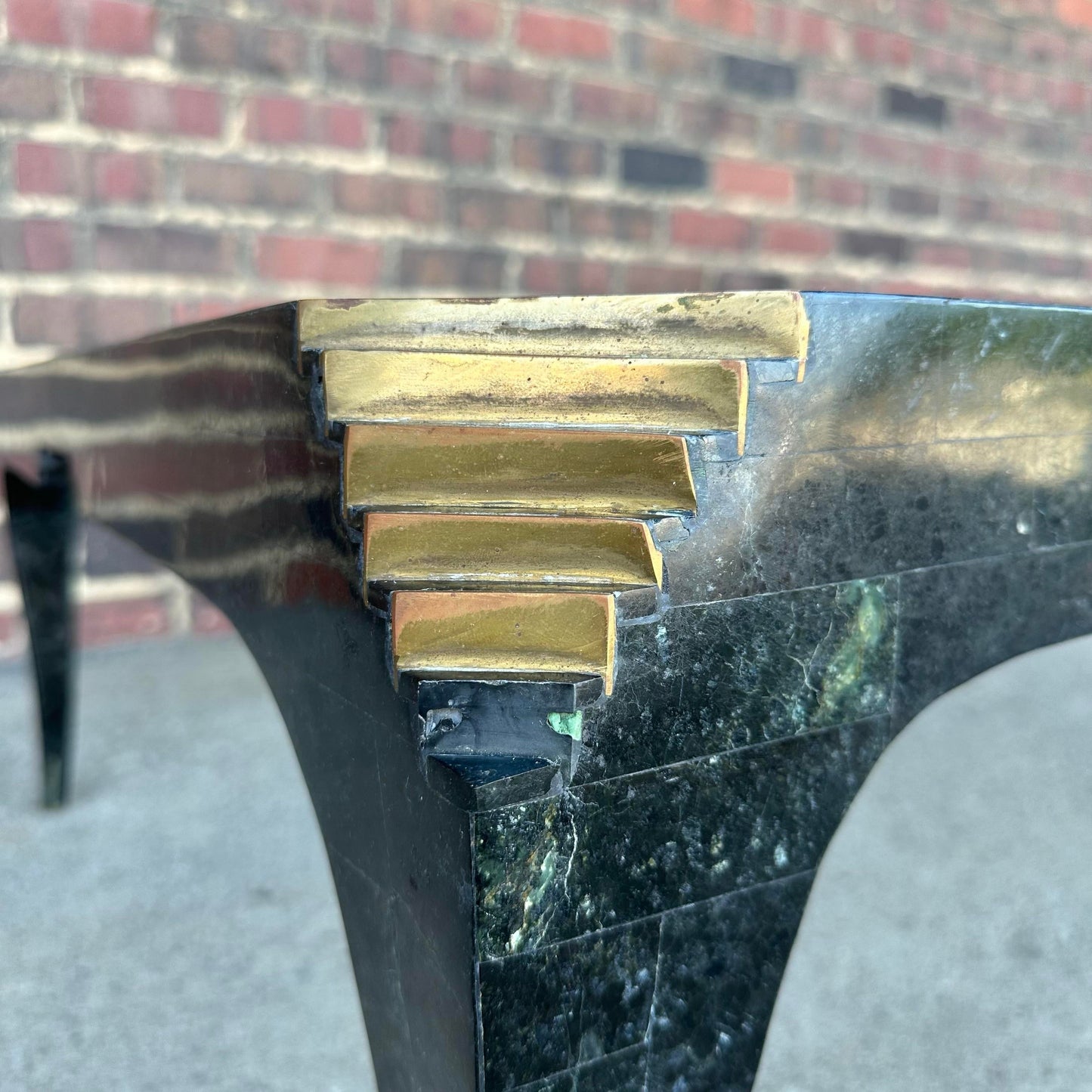 Casa Bique Tessellated Marble Glass and Brass Coffee Table Maitland Smith Style