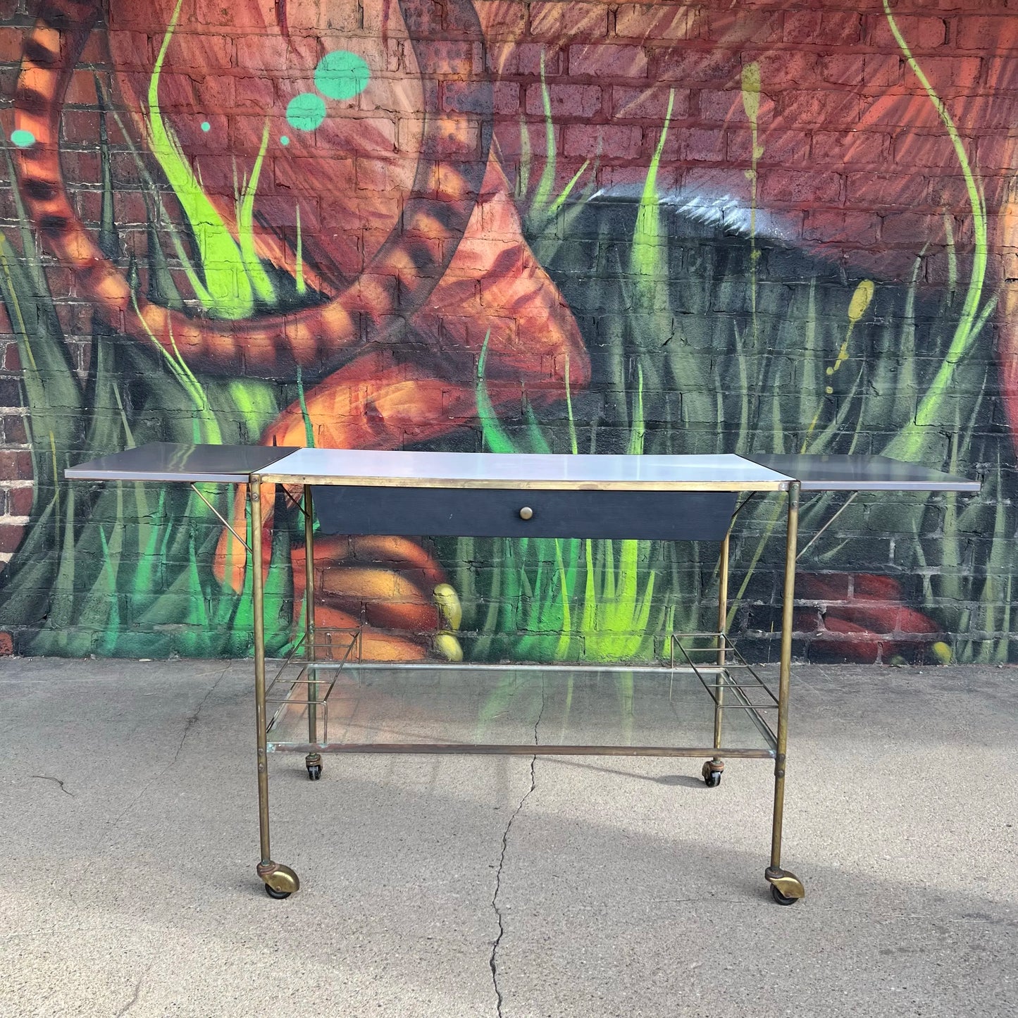 Mid Century Modern Brass and Glass Bar Cart Possible Harvey Probber