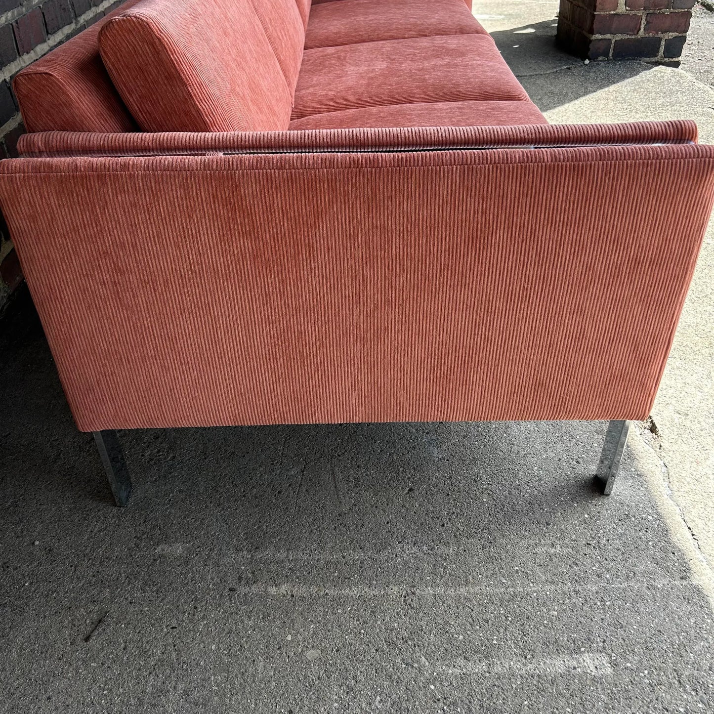 Reupholstered Milo Baughman Style Chrome Sofa in Crypton Salmon Corduroy