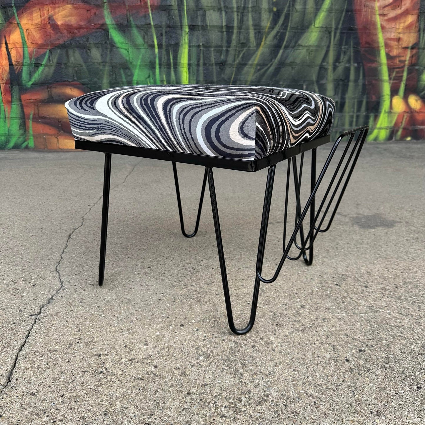Reupholstered and Powder Coated Hairpin Leg Magazine Rack Ottoman