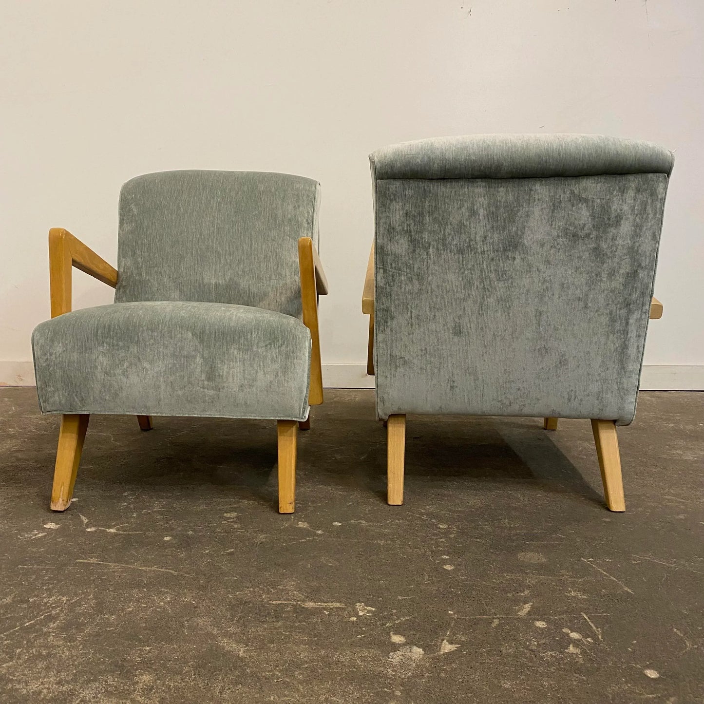Mid 20th Century Reupholstered Arm Chairs in Teal Velvet