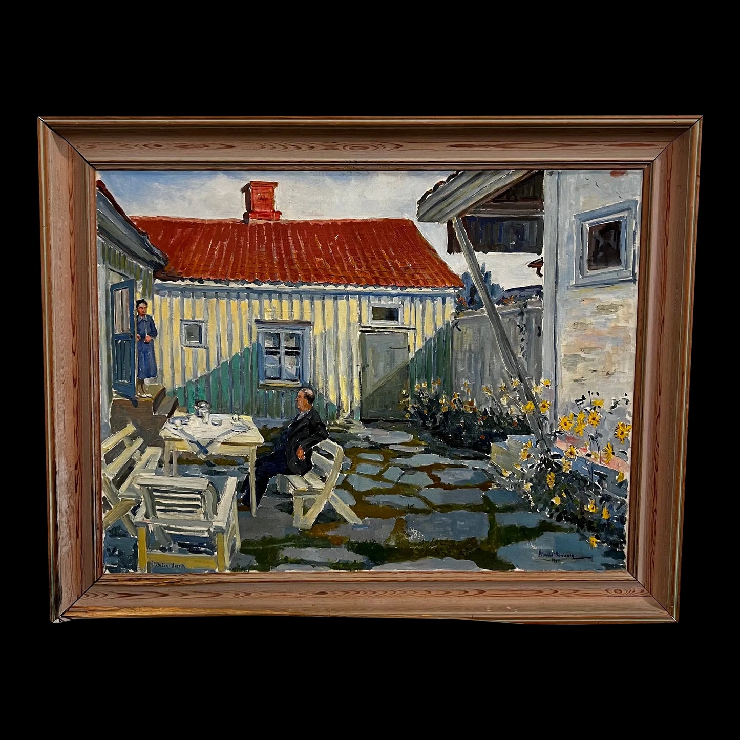 Mid Century Courtyard Oil Painting Husband and Wife