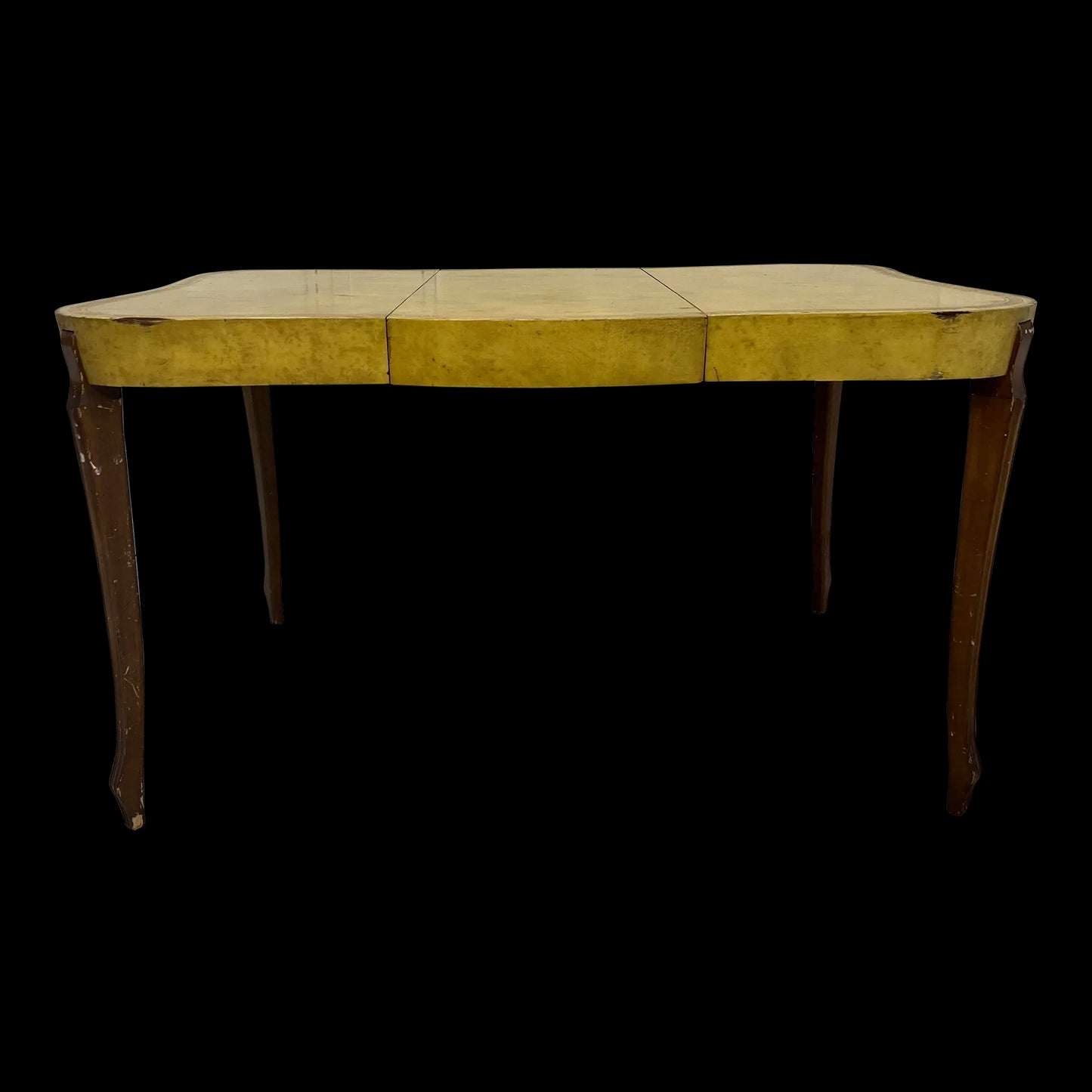 European Yellow Leather Wrapped Dining Table with Gold Trim