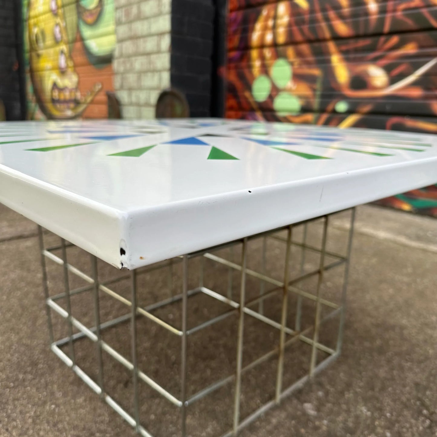 Amazing Geometric Enamel Top With Chrome Wire Bottom Side Table Alexander Girard