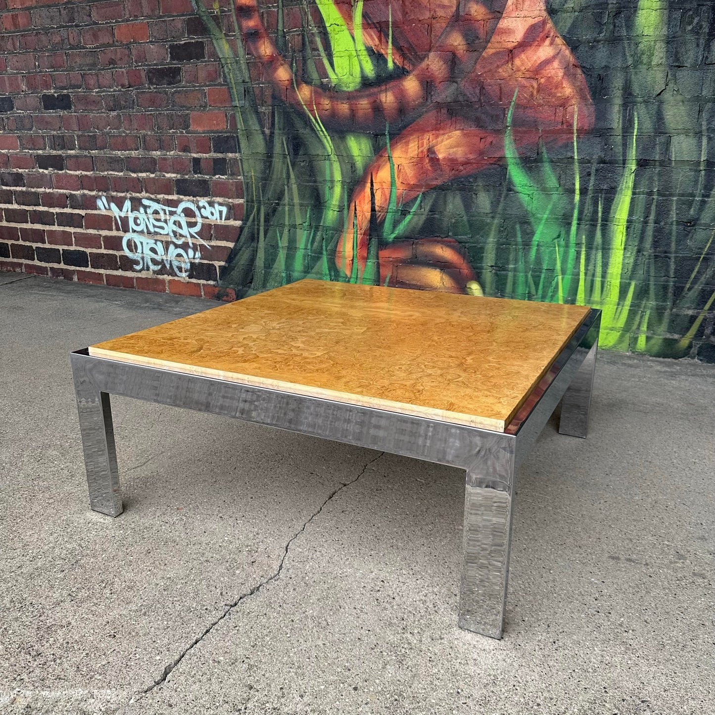 Milo Baughman for Thayer Coggin Olive Wood Burl and Chrome Coffee Table