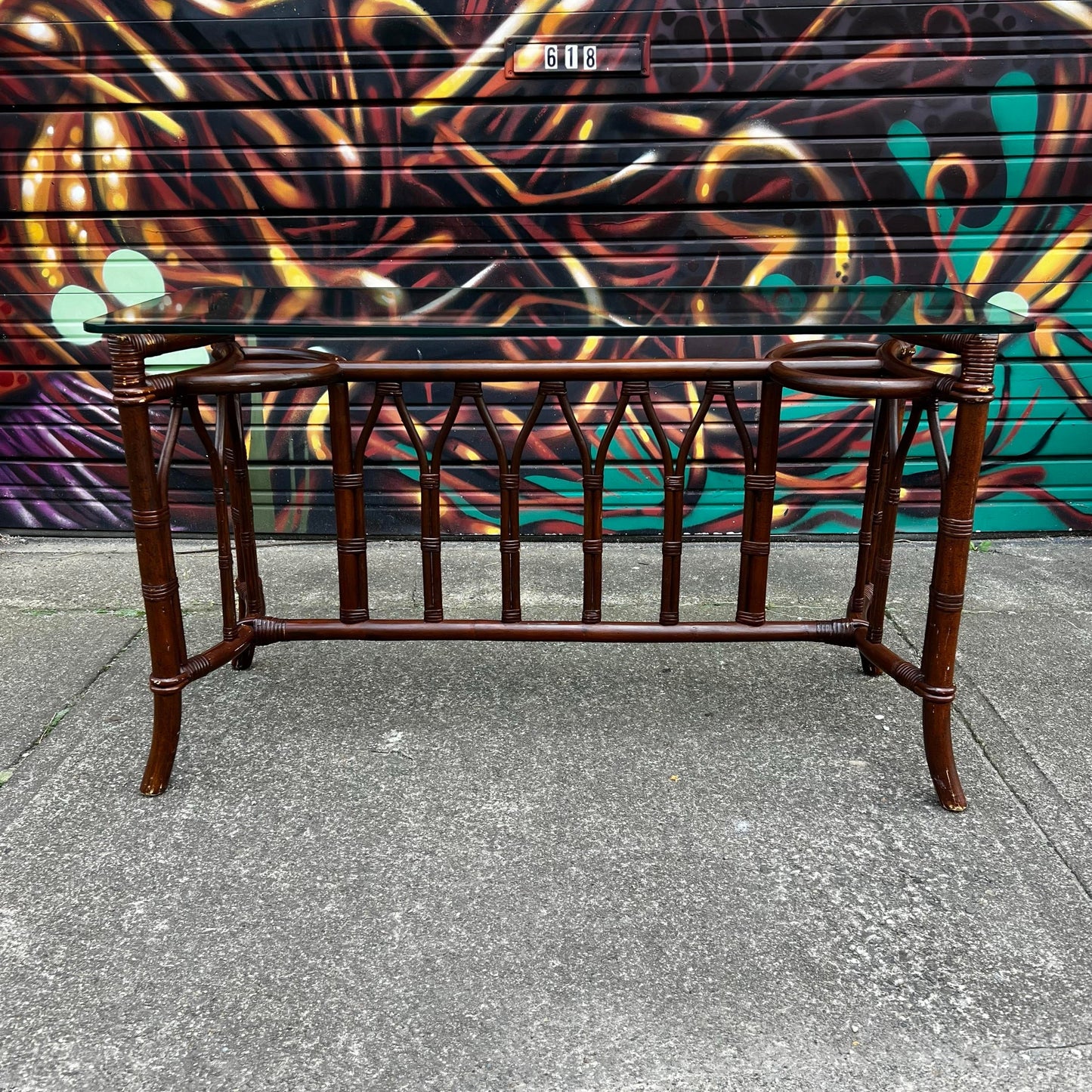 1970s Bamboo Rattan and Glass Console Table