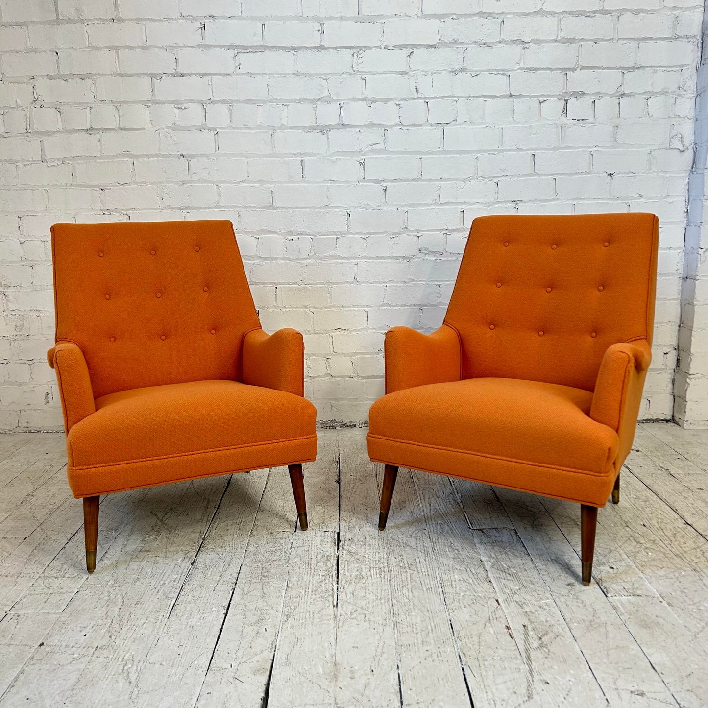 Reupholstered Pair of Orange Mid Century Modern Lounge Chairs