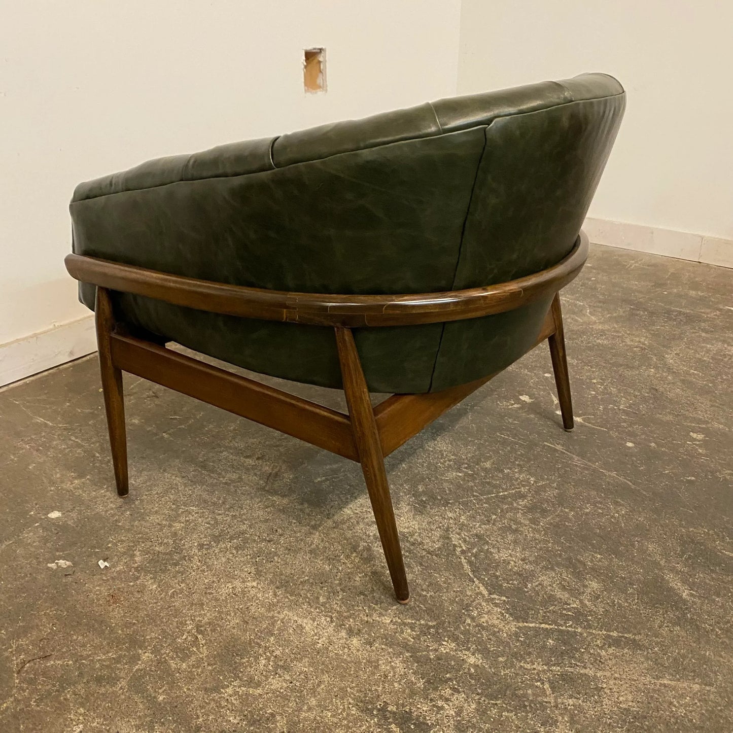 Mid Century Modern Milo Baughman Style Reupholstered Leather Barrel Back Chair. Green