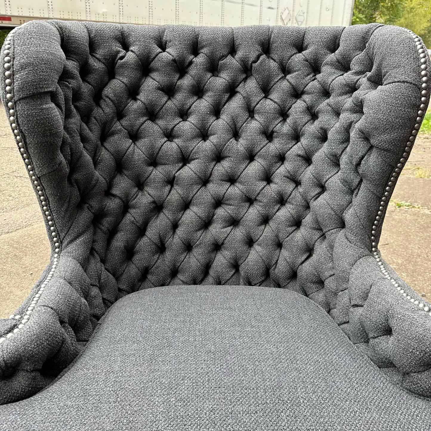 Antique Tufted Tall Winged Back Lounge Chair Reupholstered Nailhead Trim